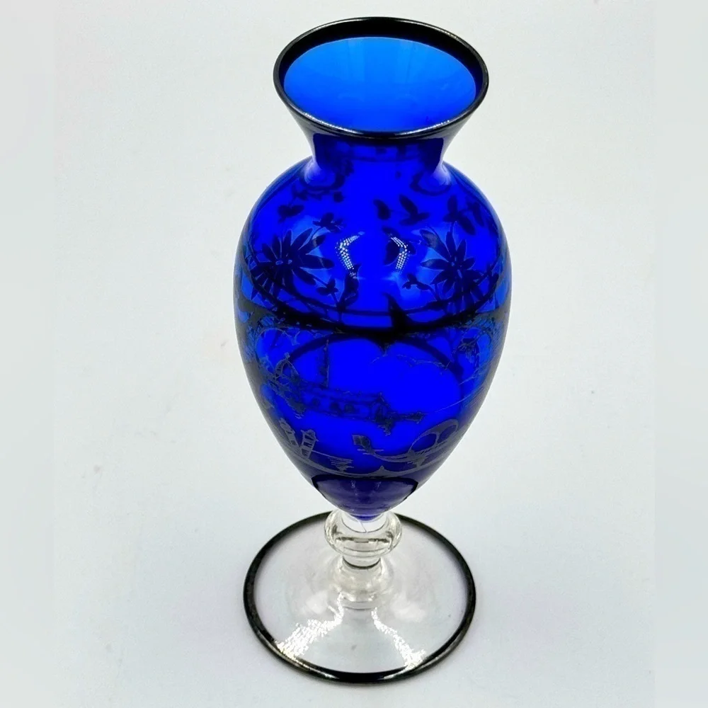 Vintage Cobalt Blue and Sterling Silver Overlay Floral Bud Vase